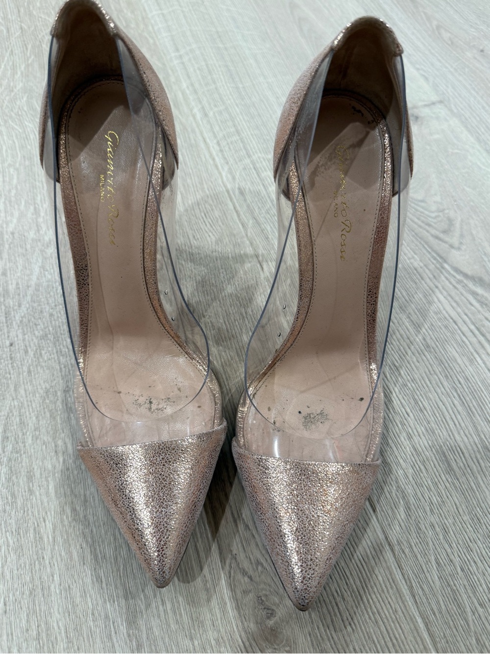 Gianvito Rossi Metallic Rose Gold Pointed PVC Panel Pumps